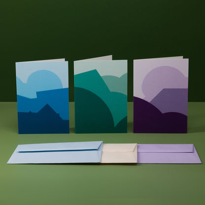 Bundle of three greeting cards from the Stack range in blue, teal and purple colour schemes