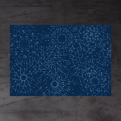 Aerial view of whole sheet of Briar wrapping paper. Dark blue background with pale blue lines. Irregular pattern of radiating, overlapping lines suggesting a dense thicket of thorny shrubs