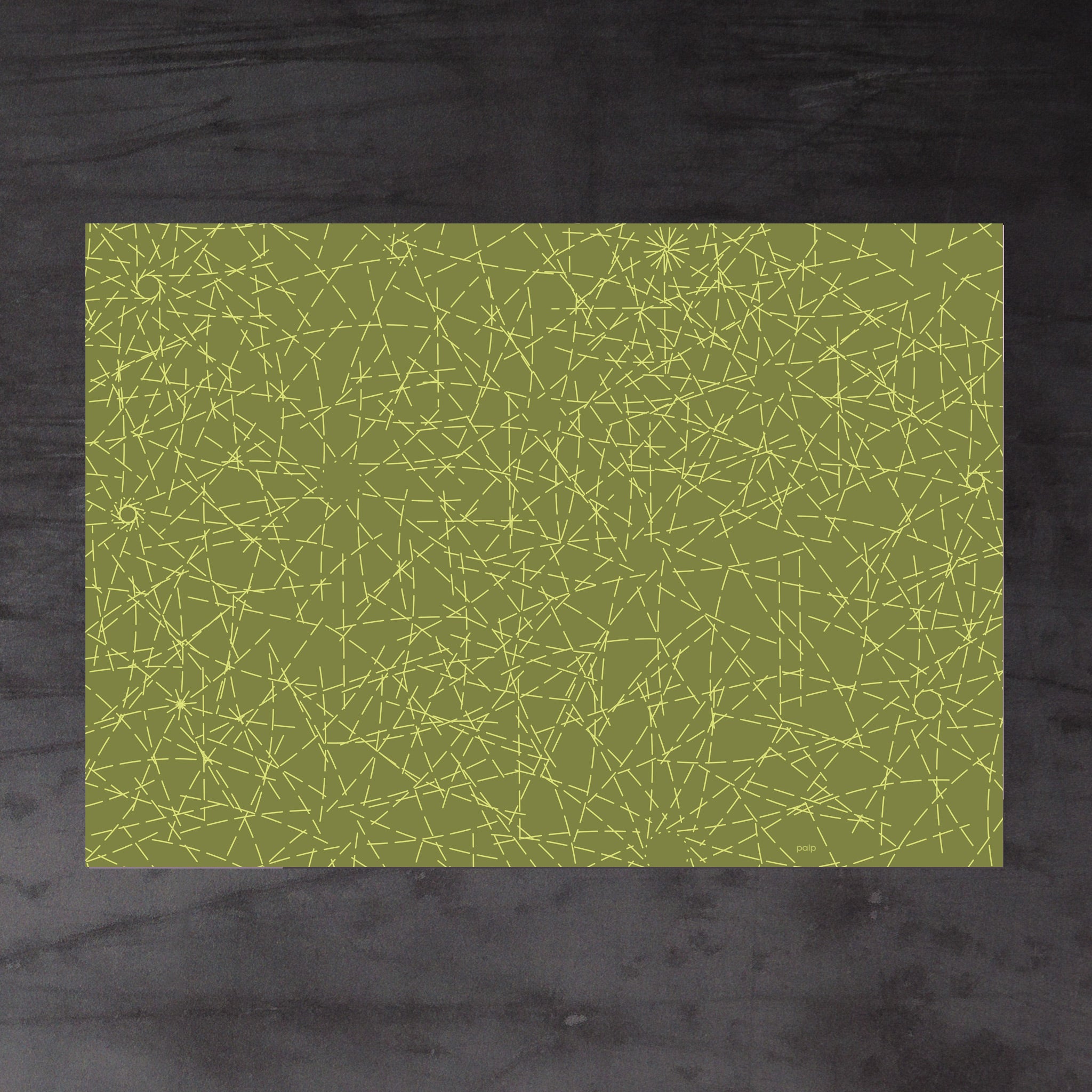 Aerial view of whole sheet of Turf wrapping paper, with mid- and pale-green colour scheme. Irregular pattern formed of  radiating dashed lines. Redolent of grass plants and underground root system in a field or meadow