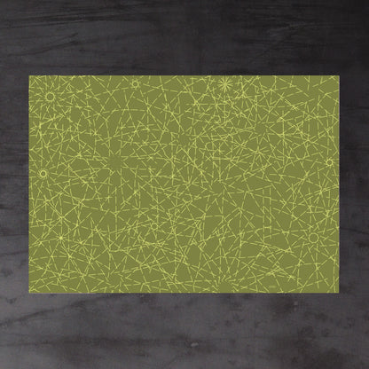 Aerial view of whole sheet of Turf wrapping paper, with mid- and pale-green colour scheme. Irregular pattern formed of  radiating dashed lines. Redolent of grass plants and underground root system in a field or meadow